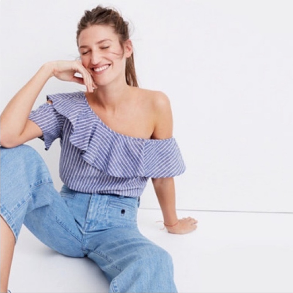 Madewell One Shoulder Ruffle Blue Striped Linen Blend Top Size 00